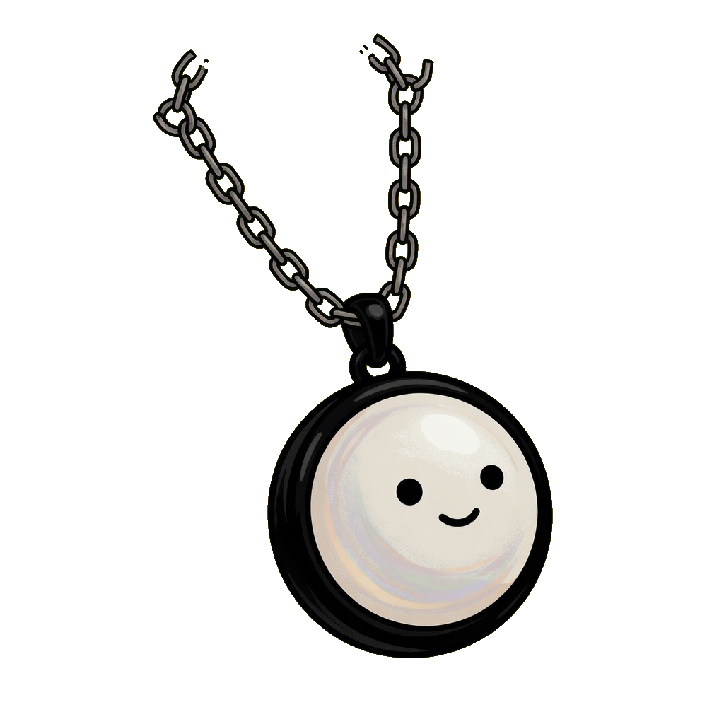 A round pearl on a silver chain, set in a black bezel.